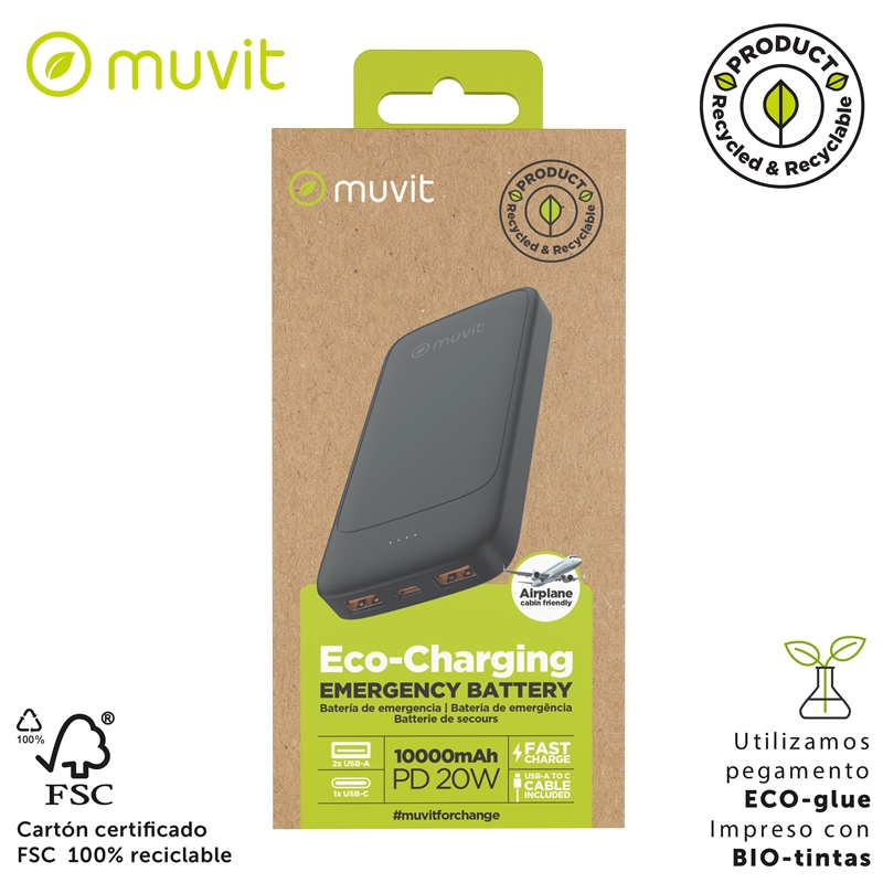 muvit for change power bank 10000mAh 2 USB-A + USB-C PD20W black