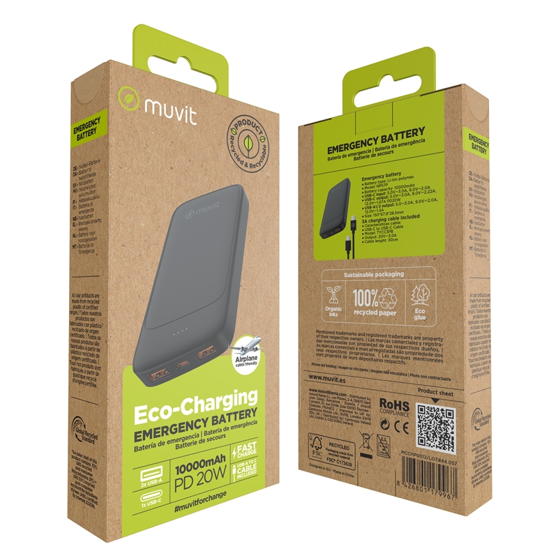 muvit for change power bank 10000mAh 2 USB-A + USB-C PD20W black