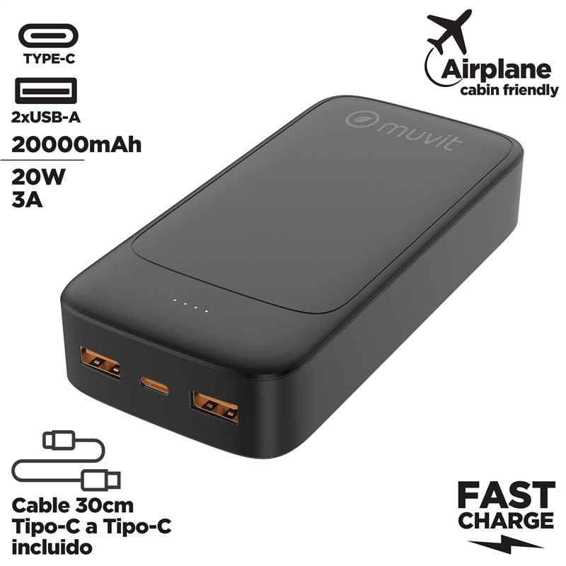 muvit for change power bank 20000mAh 2 USB + Type C PD20W black