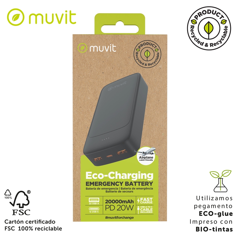 muvit for change power bank 20000mAh 2 USB + Type C PD20W black