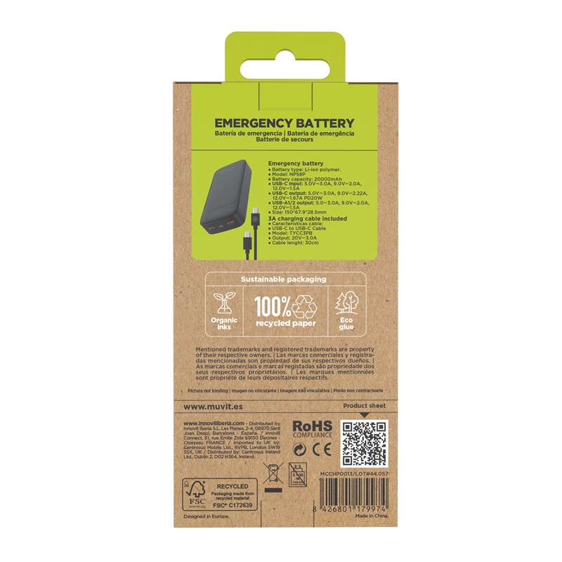 muvit for change power bank 20000mAh 2 USB + Type C PD20W black