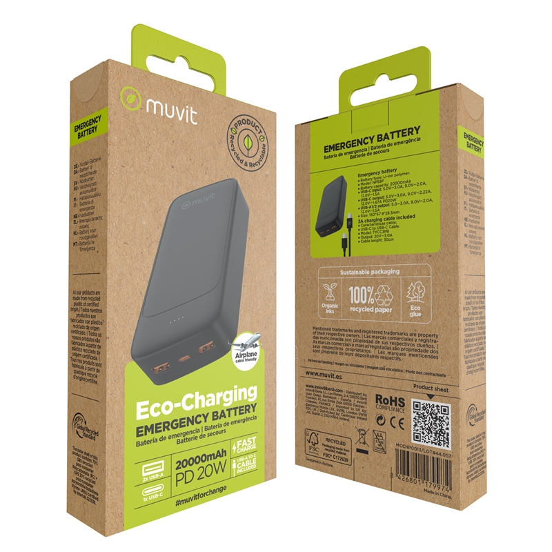 muvit for change power bank 20000mAh 2 USB + Type C PD20W black