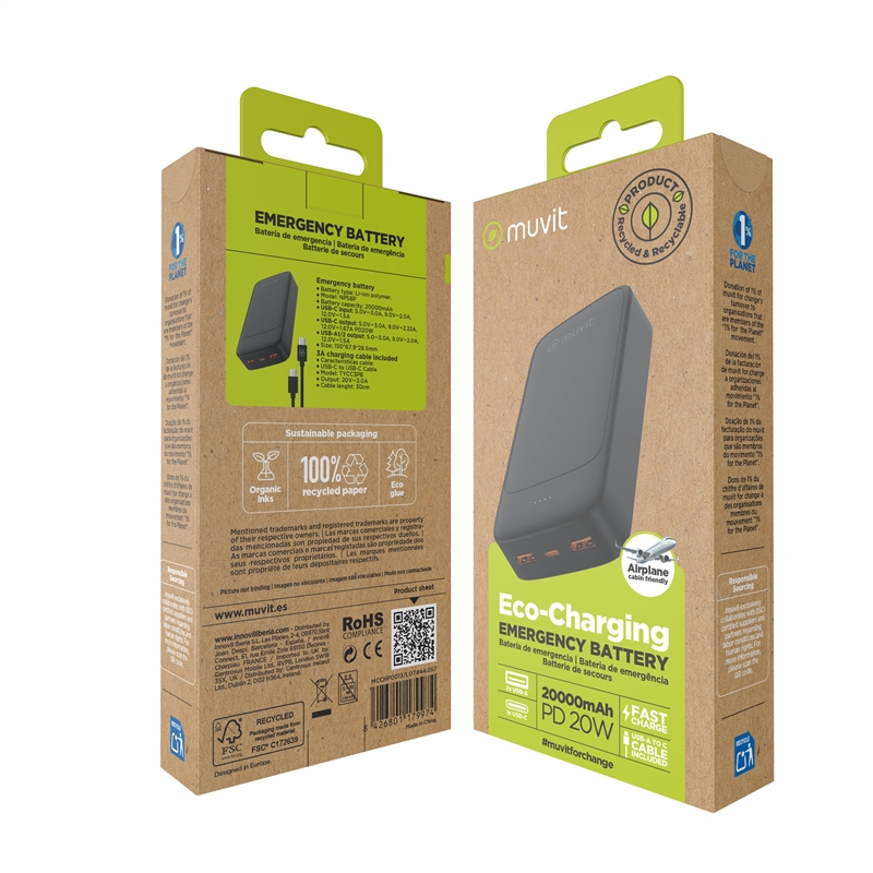 muvit for change power bank 20000mAh 2 USB + Type C PD20W black