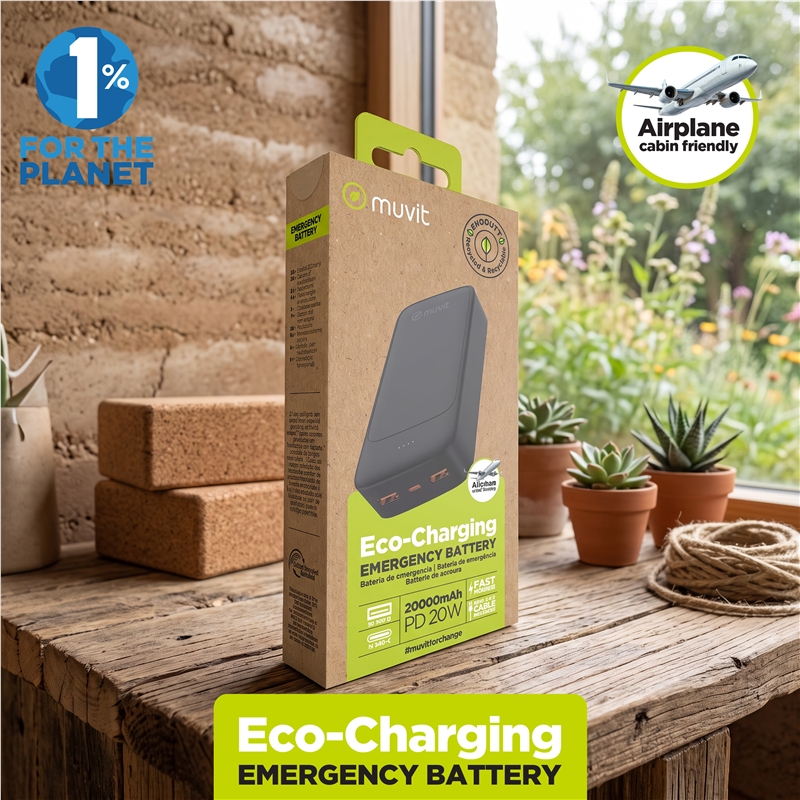 muvit for change power bank 20000mAh, 2 USB ports + Type-C PD 20W, black