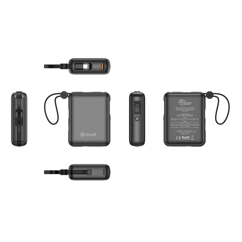 muvit for change power bank 10,000mAh USB-A 22W + USB-C PD35W + 2 USB-C cables (PD35W and PD20W) black