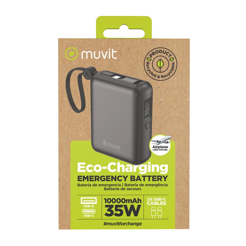 muvit for change power bank 10,000mAh USB-A 22W + USB-C PD35W + 2 USB-C cables (PD35W and PD20W) black