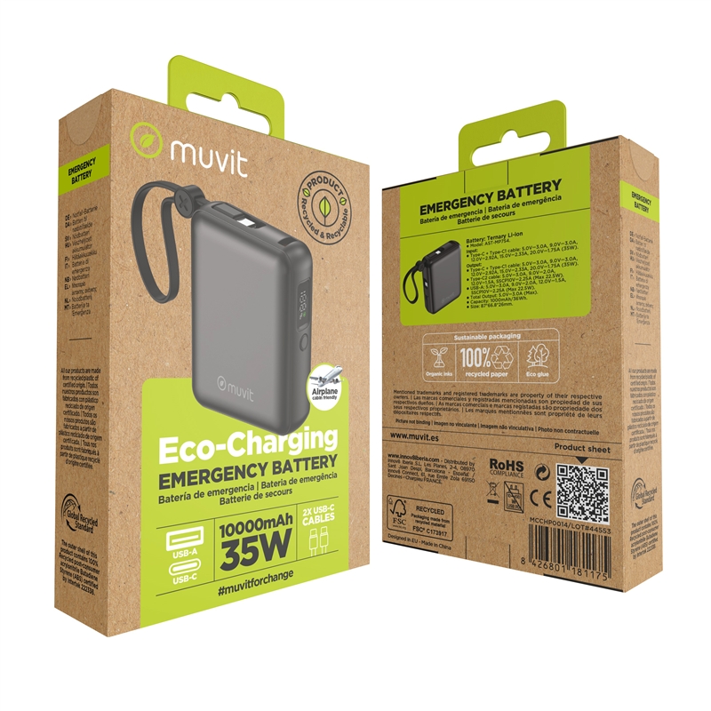 muvit for change power bank 10,000mAh USB-A 22W + USB-C PD35W + 2 USB-C cables (PD35W and PD20W) black