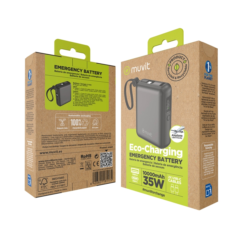 muvit for change power bank 10,000mAh USB-A 22W + USB-C PD35W + 2 USB-C cables (PD35W and PD20W) black
