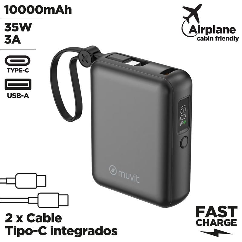 muvit for change power bank 10,000mAh USB-A 22W + USB-C PD35W + 2 USB-C cables (PD35W and PD20W) black