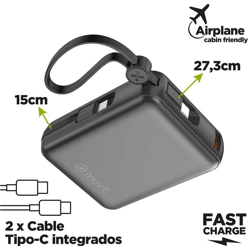 muvit for change power bank 10,000mAh USB-A 22W + USB-C PD35W + 2 USB-C cables (PD35W and PD20W) black