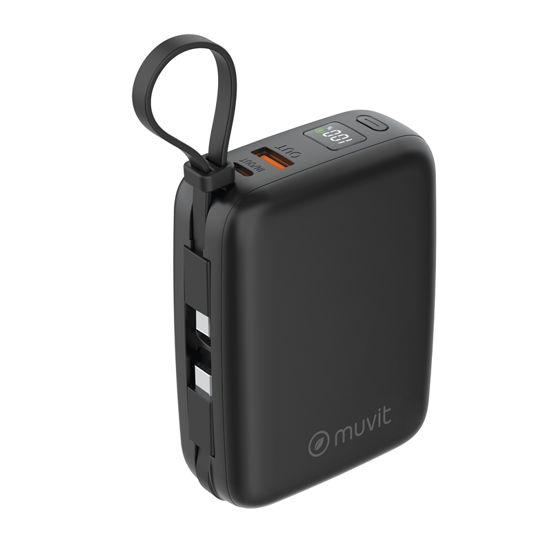muvit for change power bank 20,000mAh USB-A 22W + USB-C PD65W + 2 USB-C cables (PD65W and PD22W) black