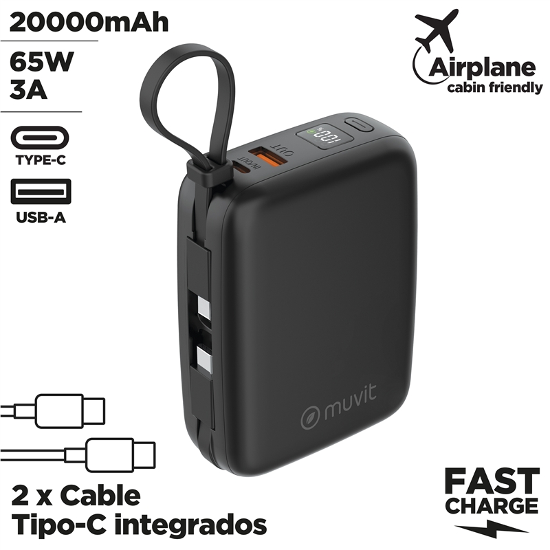muvit for change power bank 20,000mAh USB-A 22W + USB-C PD65W + 2 USB-C cables (PD65W and PD22W) black