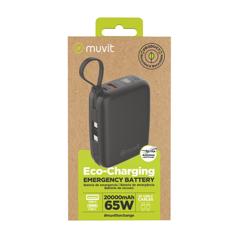 muvit for change power bank 20,000mAh USB-A 22W + USB-C PD65W + 2 USB-C cables (PD65W and PD22W) black