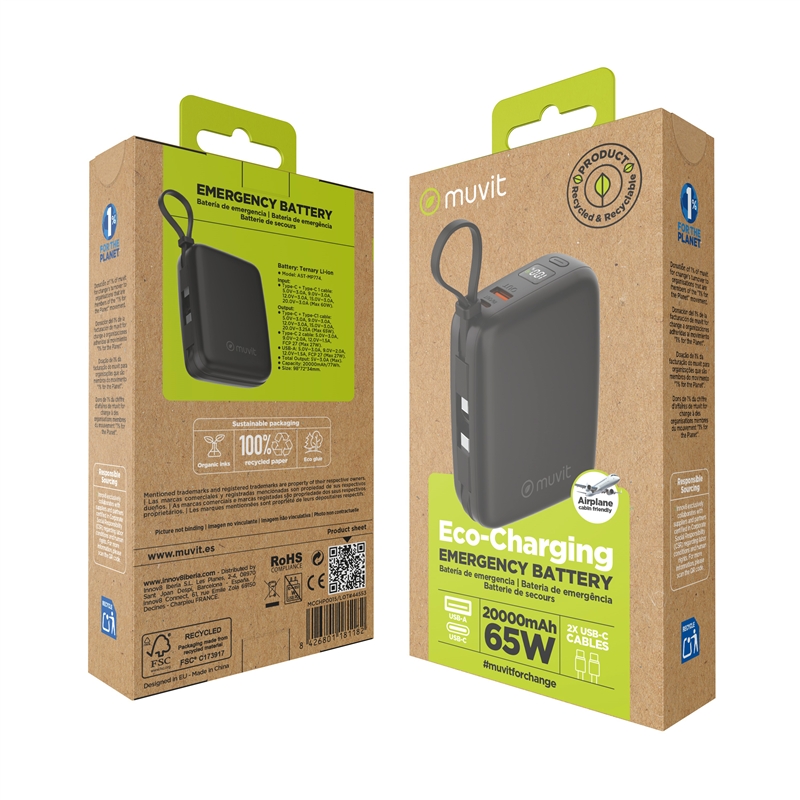 muvit for change power bank 20,000mAh USB-A 22W + USB-C PD65W + 2 USB-C cables (PD65W and PD22W) black