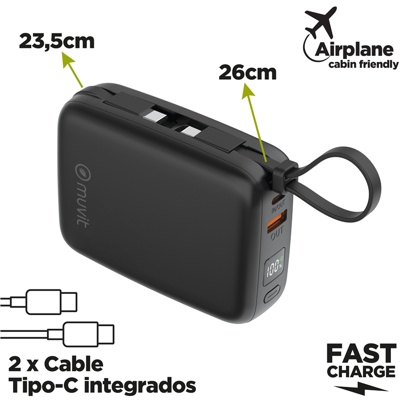 muvit for change power bank 20,000mAh USB-A 22W + USB-C PD65W + 2 USB-C cables (PD65W and PD22W) black