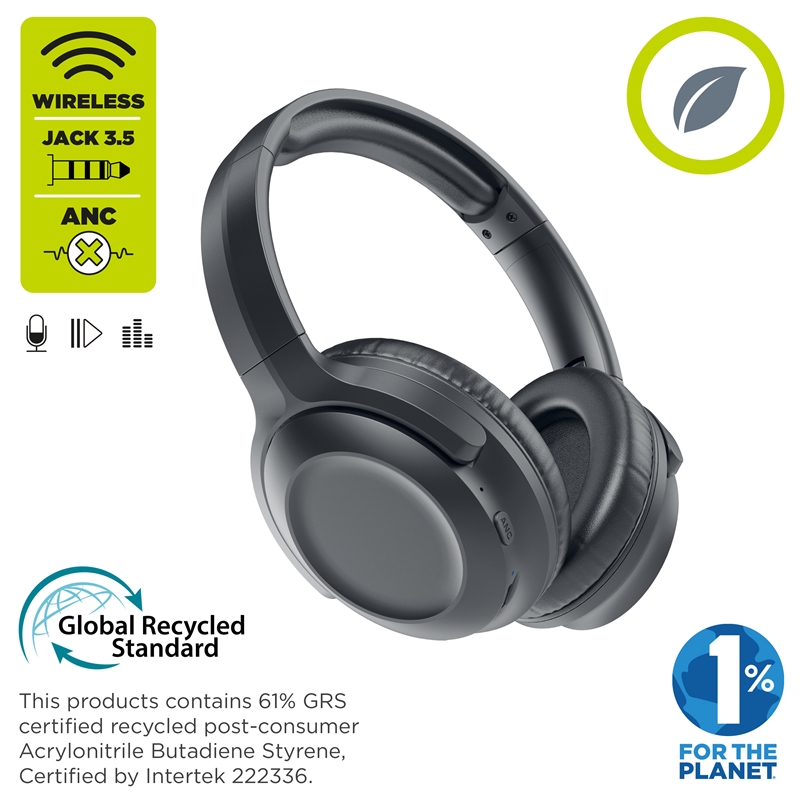 muvit for change foldable ANC stereo headphones with active noise cancellation, adapters and travel pouch black