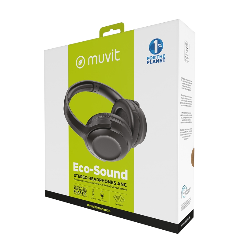 muvit for change foldable ANC stereo headphones with active noise cancellation, adapters and travel pouch black
