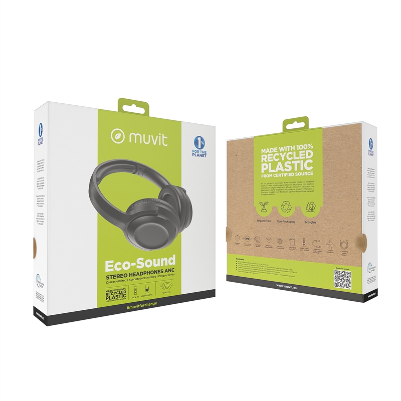muvit for change foldable ANC stereo headphones with active noise cancellation, adapters and travel pouch black