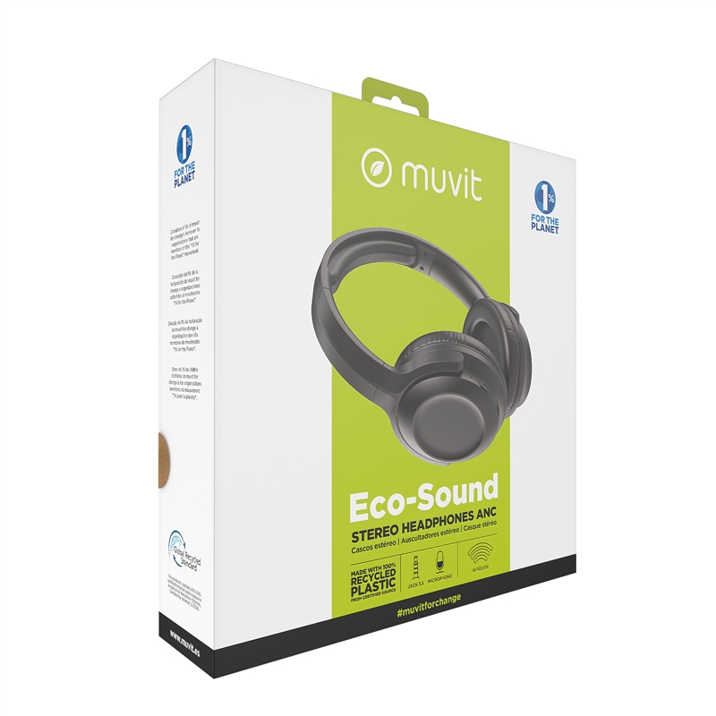 muvit for change foldable ANC stereo headphones with active noise cancellation, adapters and travel pouch black