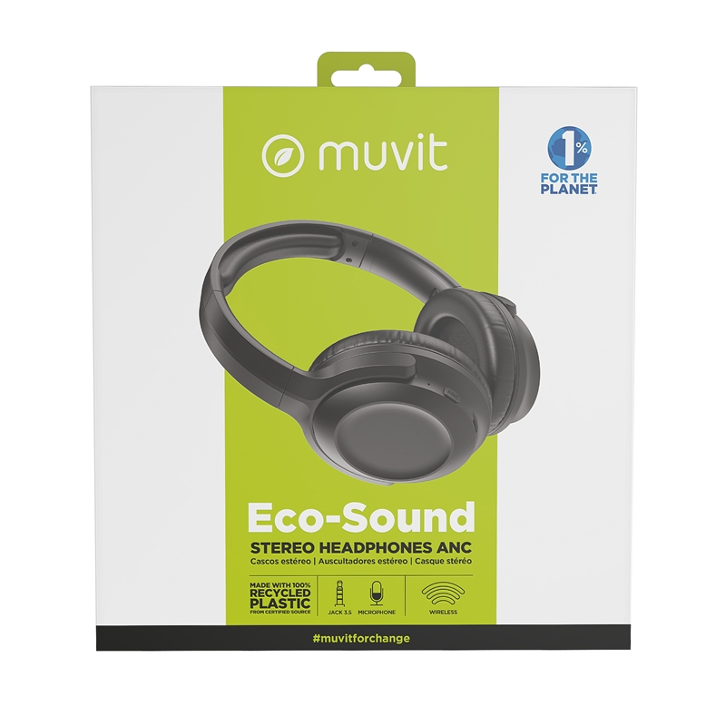 muvit for change foldable ANC stereo headphones with active noise cancellation, adapters and travel pouch black