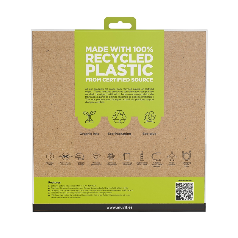 muvit for change foldable ANC stereo headphones with active noise cancellation, adapters and travel pouch black