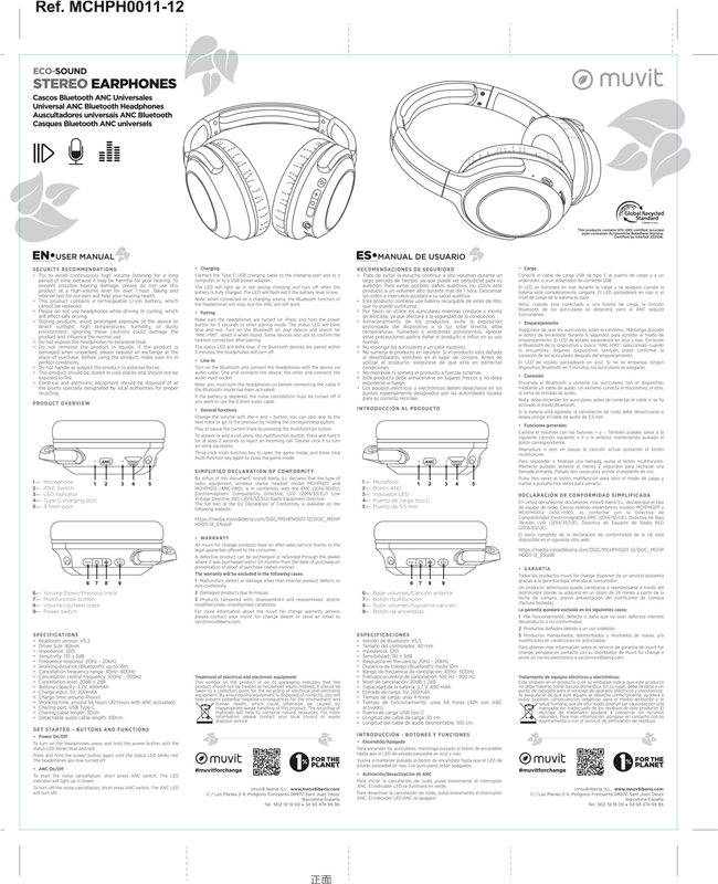 muvit for change foldable ANC stereo headphones with active noise cancellation, adapters and travel pouch black