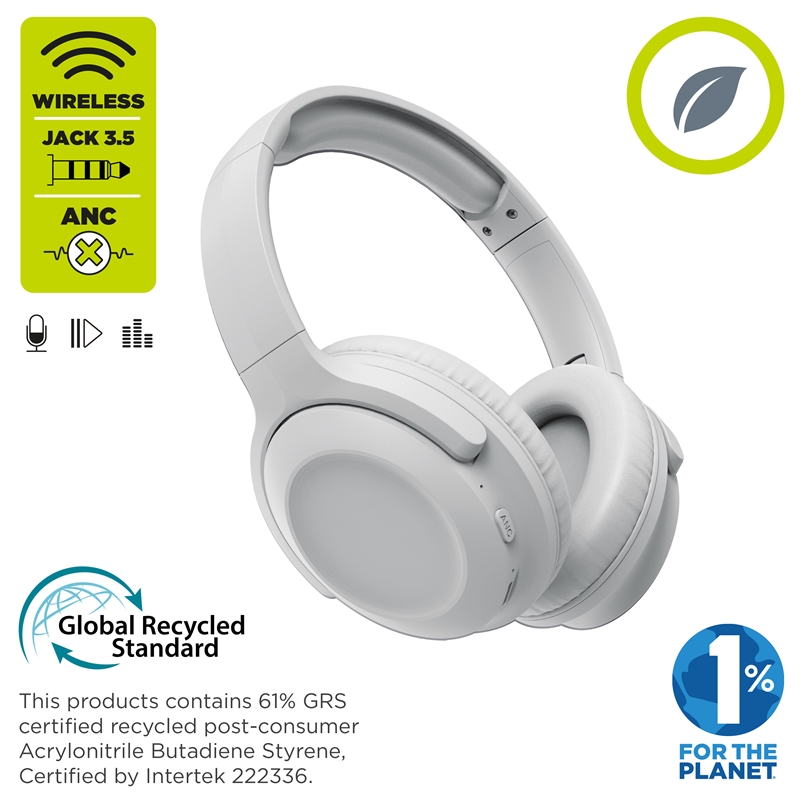 muvit for change foldable ANC stereo headphones with active noise cancellation, adapters and travel pouch white