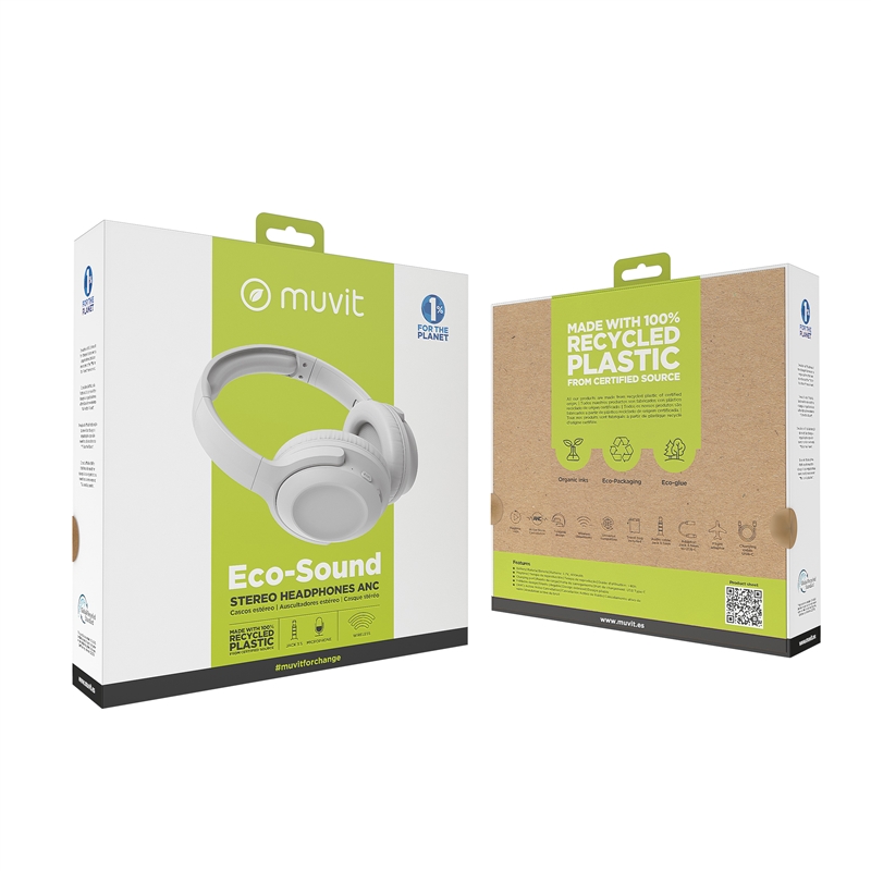muvit for change foldable ANC stereo headphones with active noise cancellation, adapters and travel pouch white