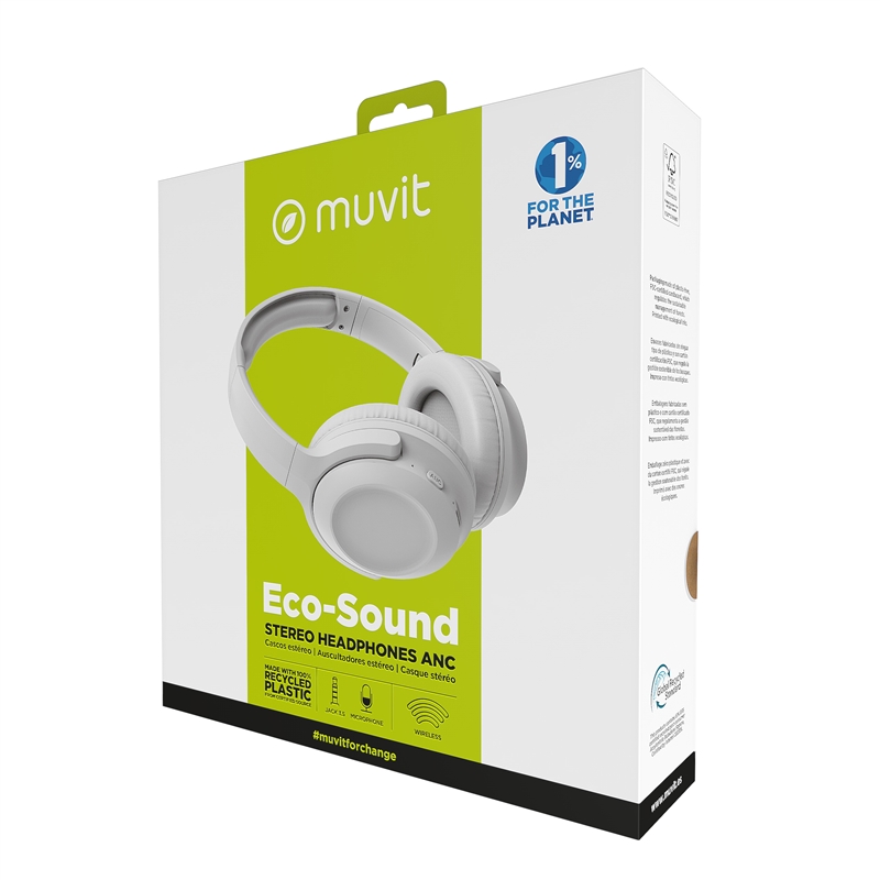 muvit for change foldable ANC stereo headphones with active noise cancellation, adapters and travel pouch white