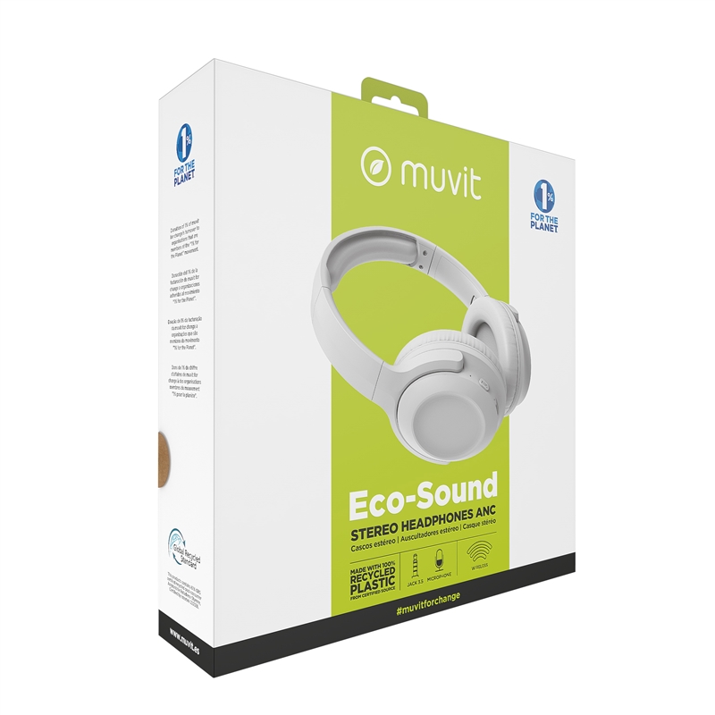 muvit for change foldable ANC stereo headphones with active noise cancellation, adapters and travel pouch white