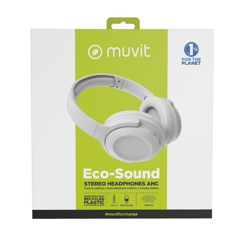 muvit for change foldable ANC stereo headphones with active noise cancellation, adapters and travel pouch white