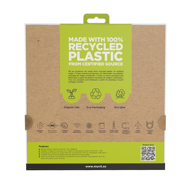 muvit for change foldable ANC stereo headphones with active noise cancellation, adapters and travel pouch white