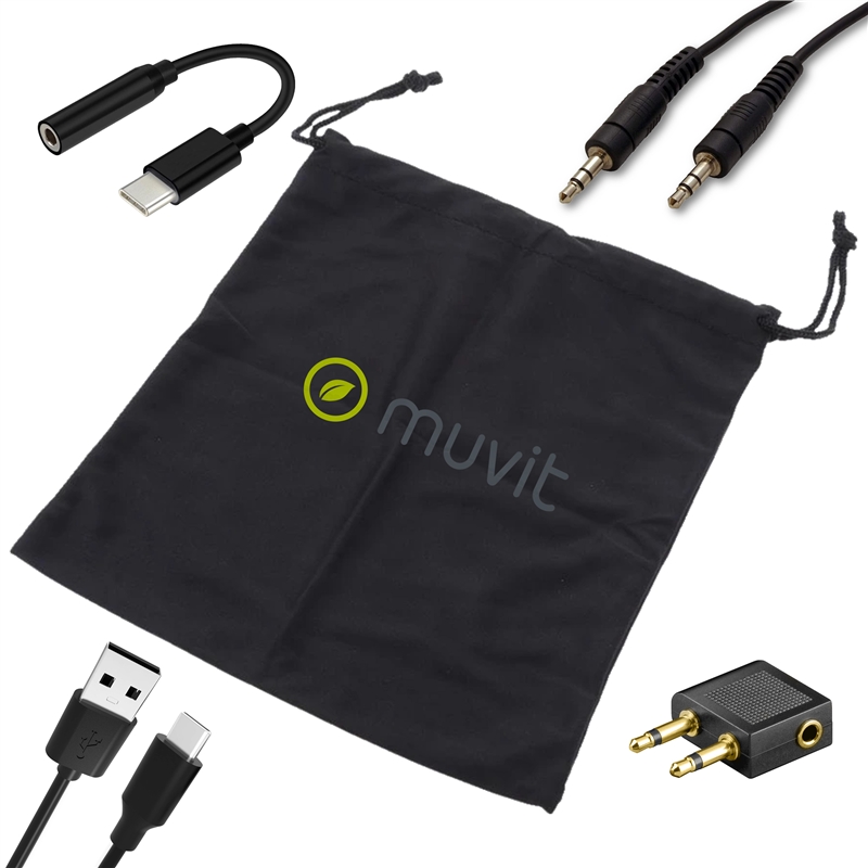 muvit for change foldable ANC stereo headphones with active noise cancellation, adapters and travel pouch white