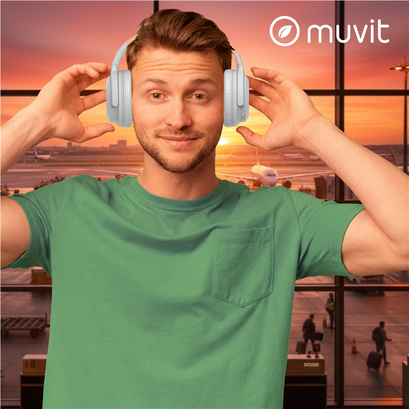 muvit for change foldable ANC stereo headphones with active noise cancellation, adapters and travel pouch white