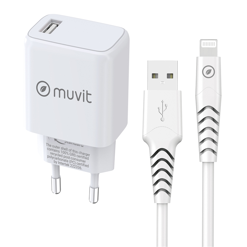 muvit for change Pack USB wall charger USB 2.4A 12W + lightning cable MFI 2.4A 1,2m white