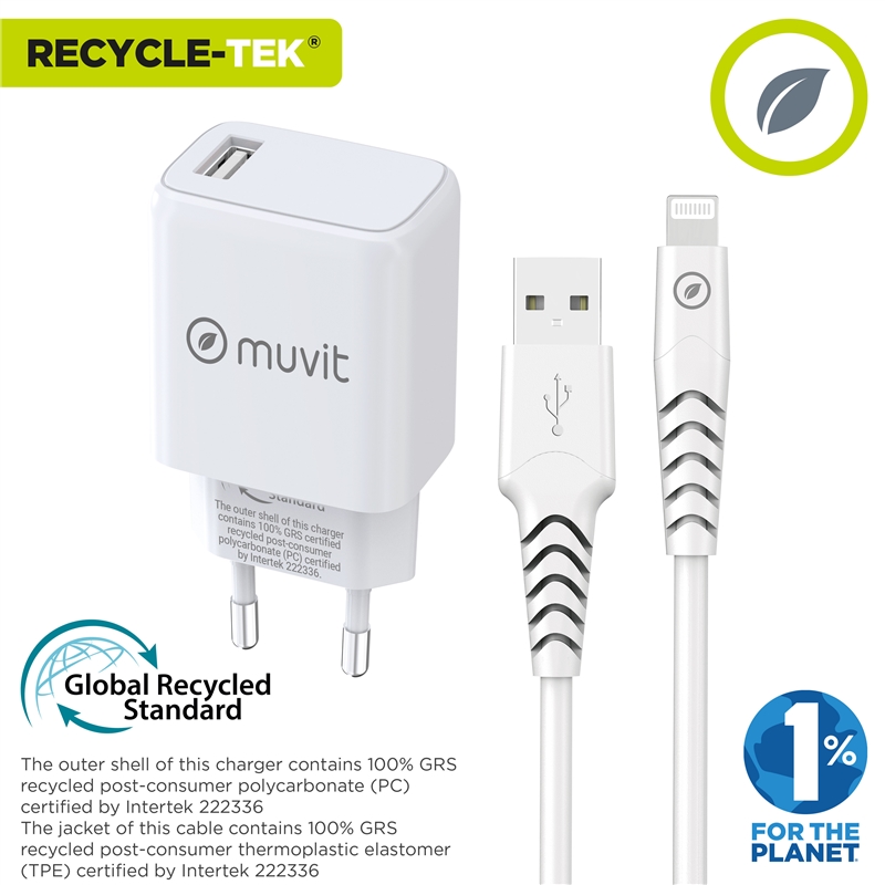 muvit for change Pack USB wall charger USB 2.4A 12W + lightning cable MFI 2.4A 1,2m white