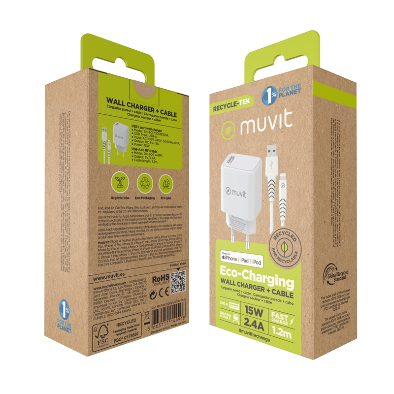 muvit for change Pack USB wall charger USB 2.4A 12W + lightning cable MFI 2.4A 1,2m white