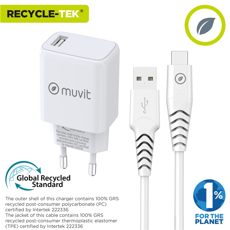 muvit for change Pack USB wall charger 2.4A 12W + Type C cable 3A 1,2m white