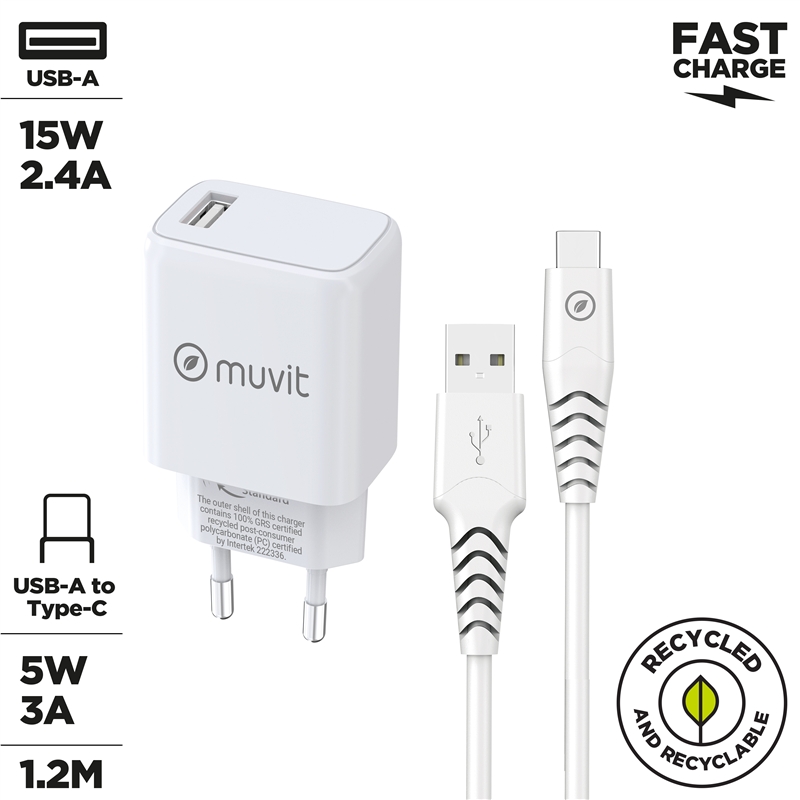 muvit for change Pack USB wall charger 2.4A 12W + Type C cable 3A 1,2m white