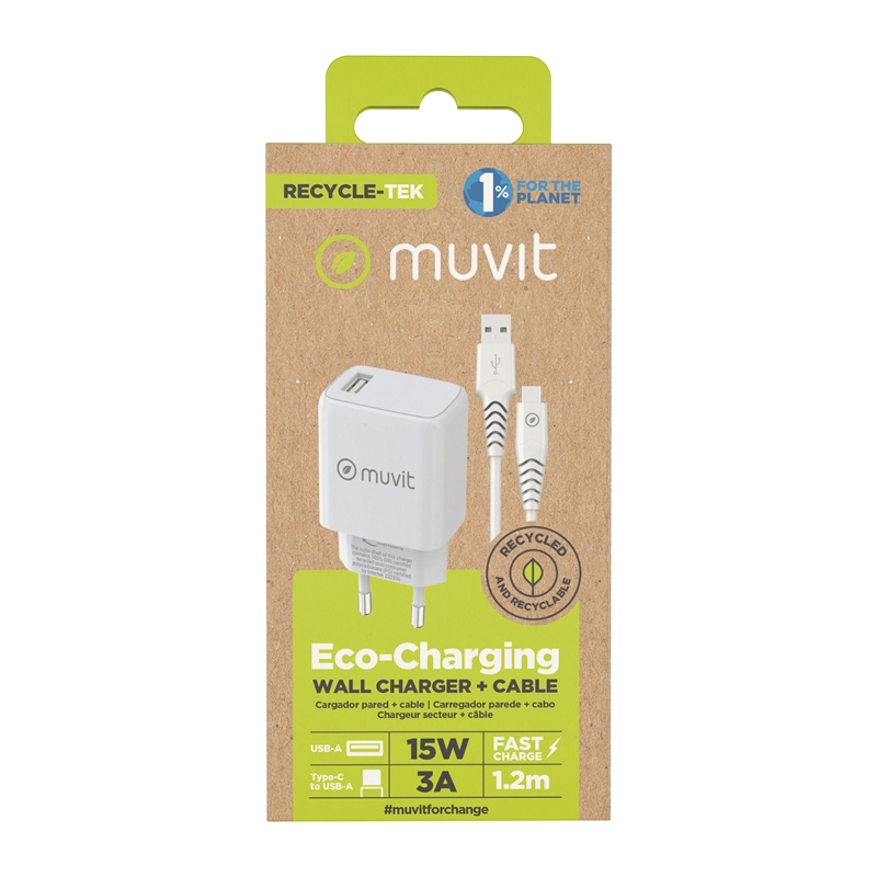 muvit for change Pack USB wall charger 2.4A 12W + Type C cable 3A 1,2m white