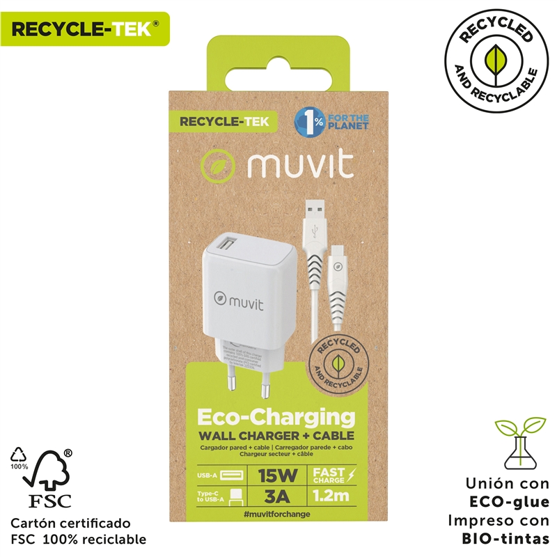 muvit for change Pack USB wall charger 2.4A 12W + Type C cable 3A 1,2m white