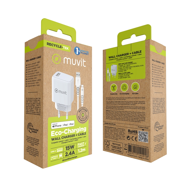 muvit for change Pack USB wall charger 2.4A 12W + Type C cable 3A 1,2m white