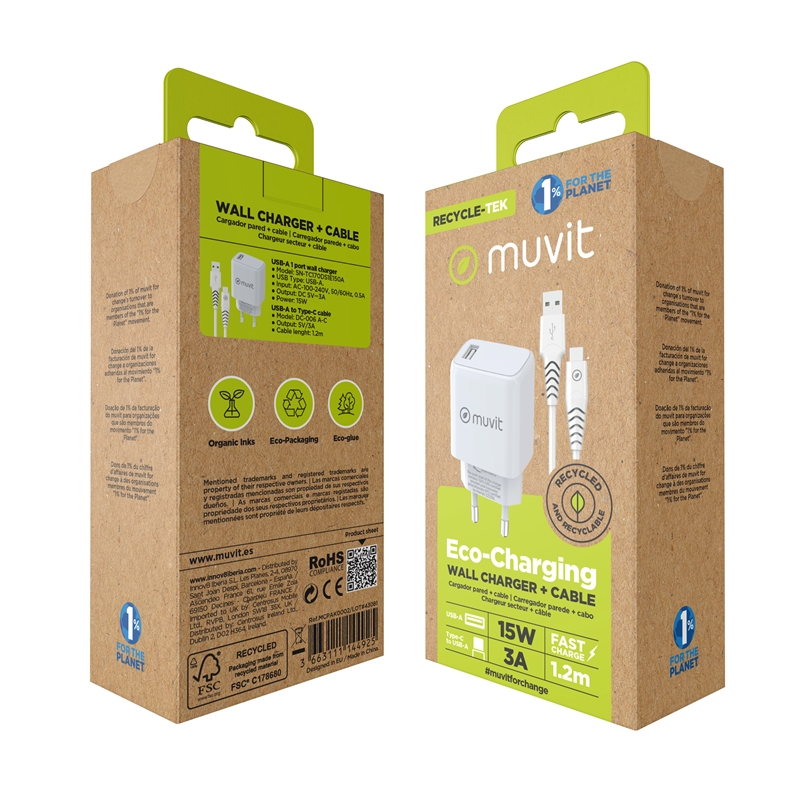 muvit for change Pack USB wall charger 2.4A 12W + Type C cable 3A 1,2m white