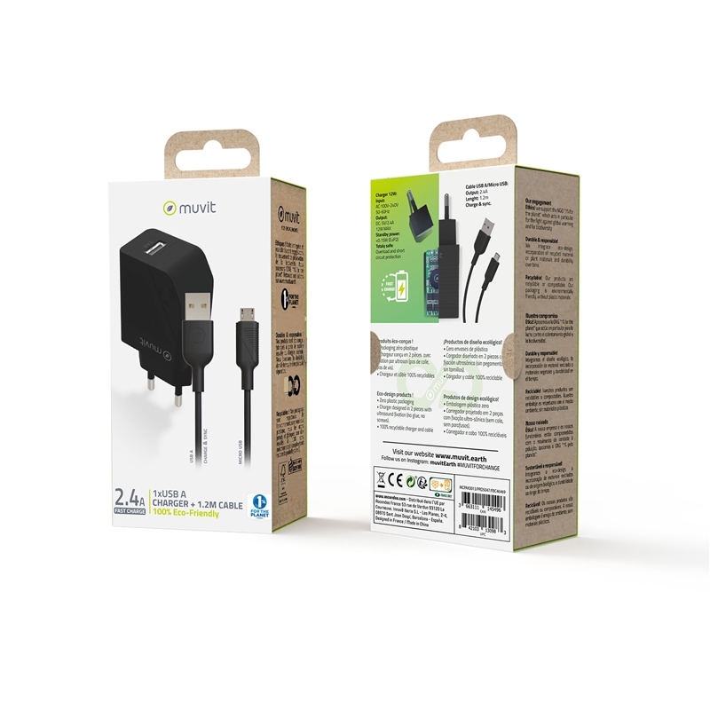 muvit for change Pack USB wall charger 2.4A 12W + micro USB cable 2.4A 1,2m black
