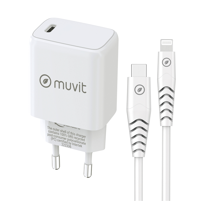 muvit for change wall charger Type C PD 20W + Type C to MFI lightning cable 3A 1m white