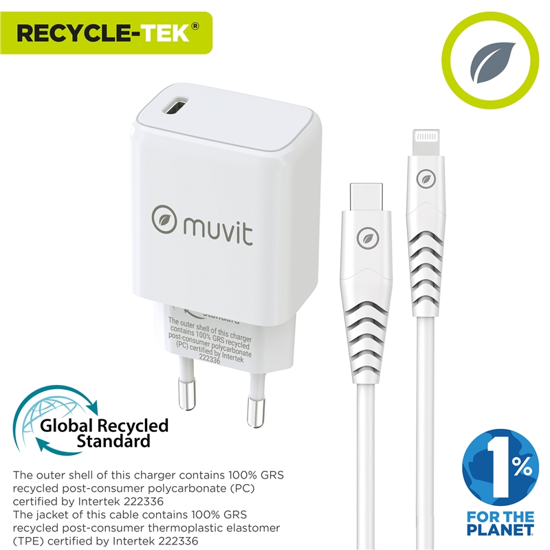 muvit for change wall charger Type C PD 20W + Type C to MFI lightning cable 3A 1m white