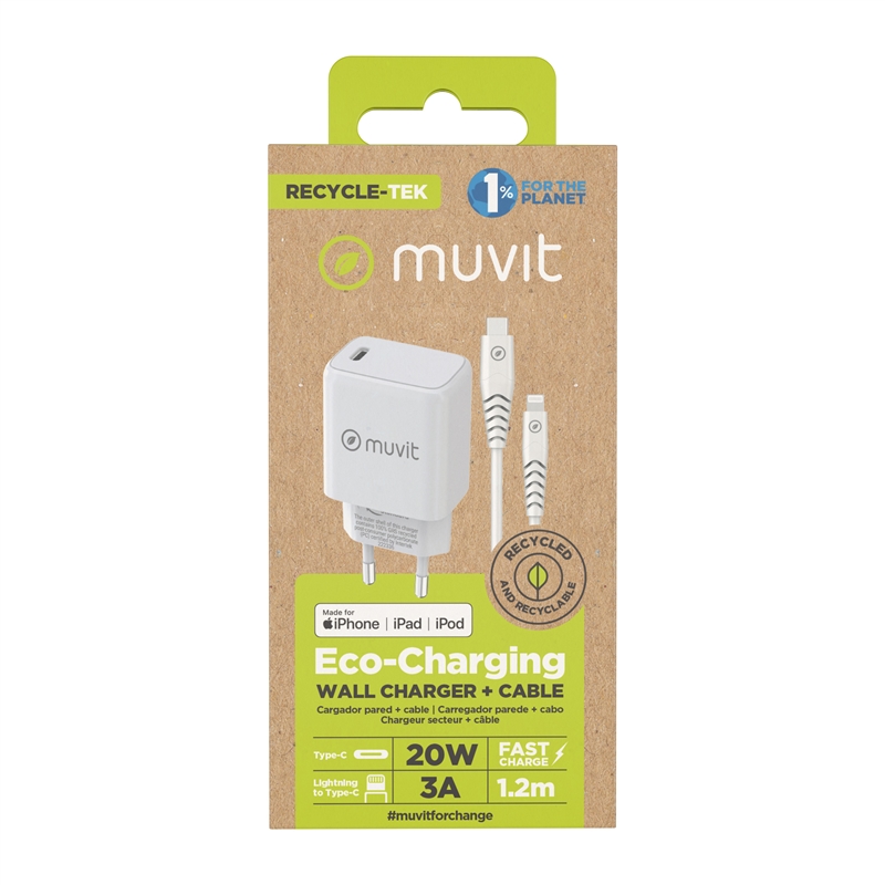 muvit for change wall charger Type C PD 20W + Type C to MFI lightning cable 3A 1m white