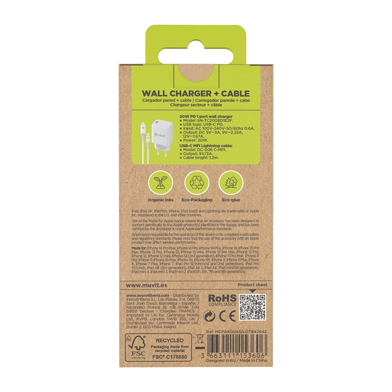 muvit for change wall charger Type C PD 20W + Type C to MFI lightning cable 3A 1m white