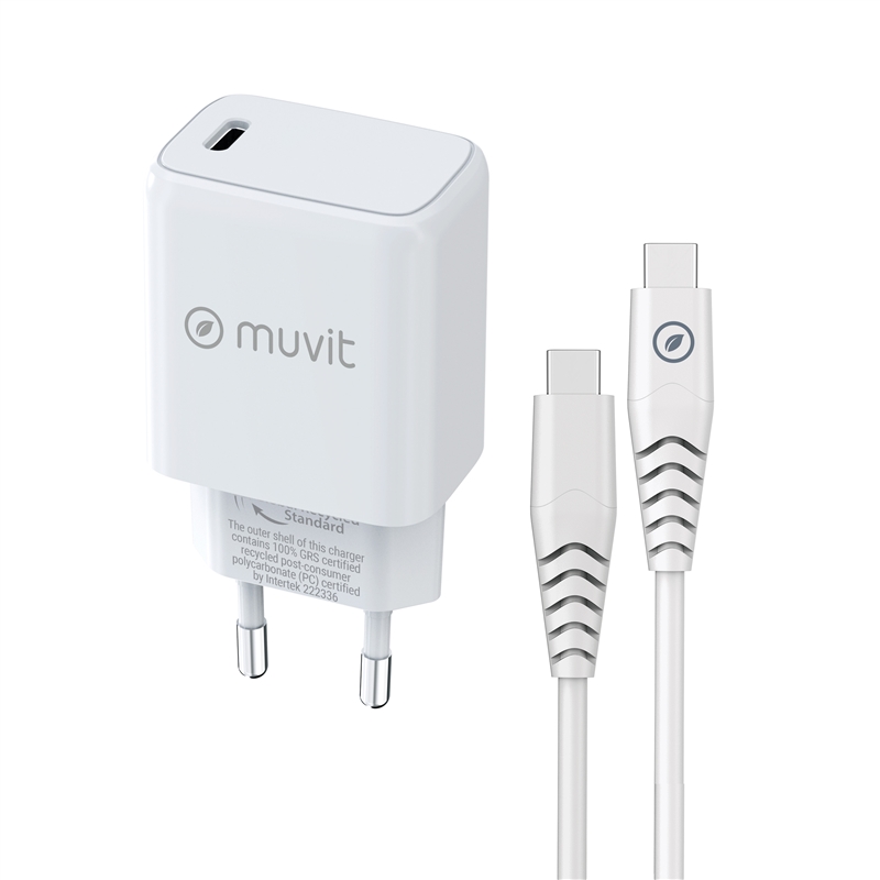 muvit for change Pack wall charger Type C PD 20W + cable type C to type C 3A 1m white