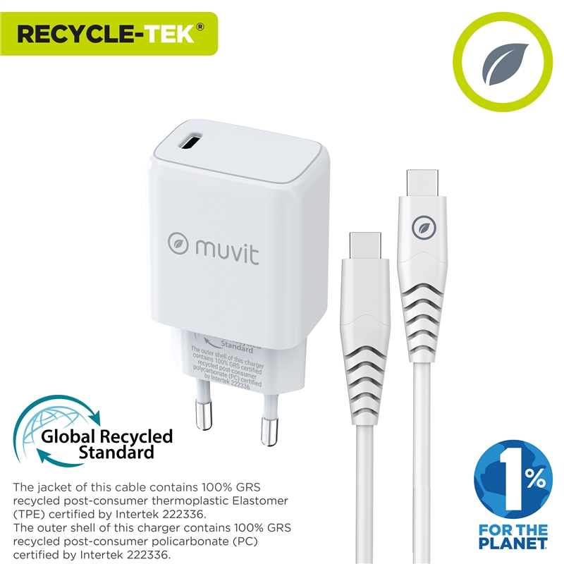 muvit for change Pack wall charger Type C PD 20W + cable type C to type C 3A 1m white